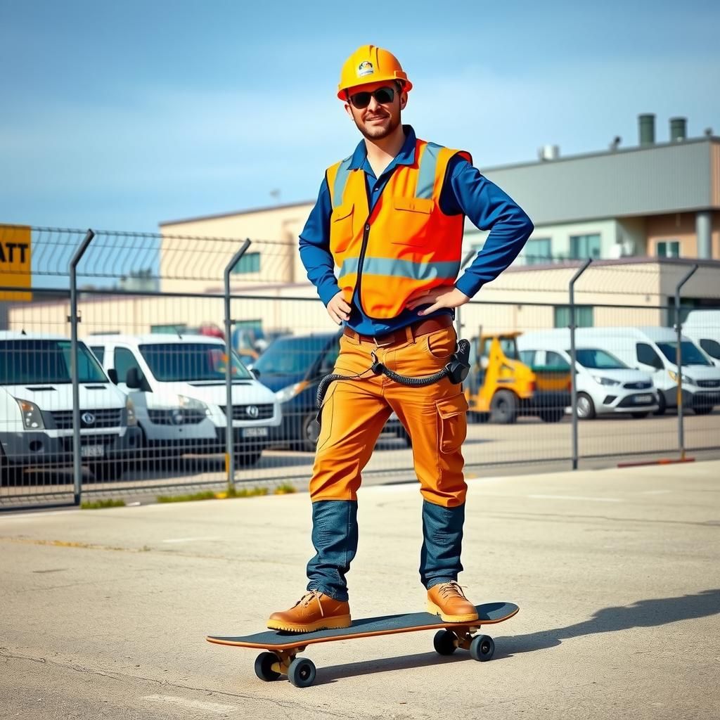 Construction Worker on Skateboard in Urban Setting