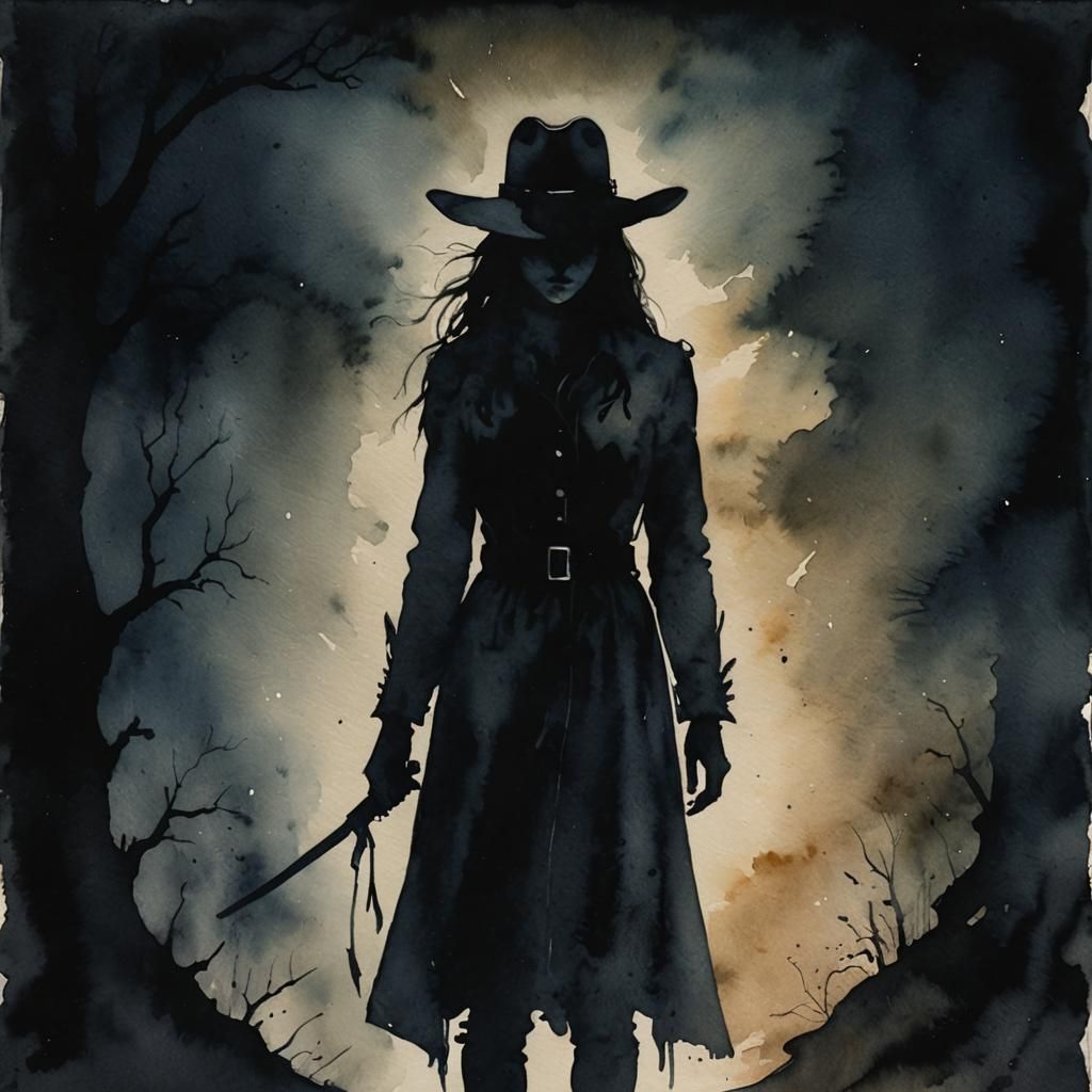 Eerie Cowboy Shadow: A Haunting Watercolor Nightmare