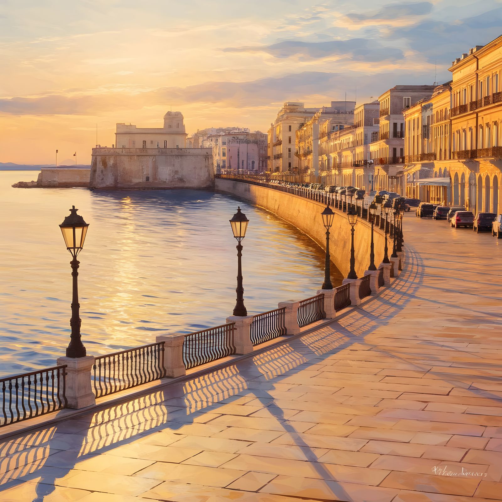 Bari's Elegant Golden Hour Promenade in Watercolour Style