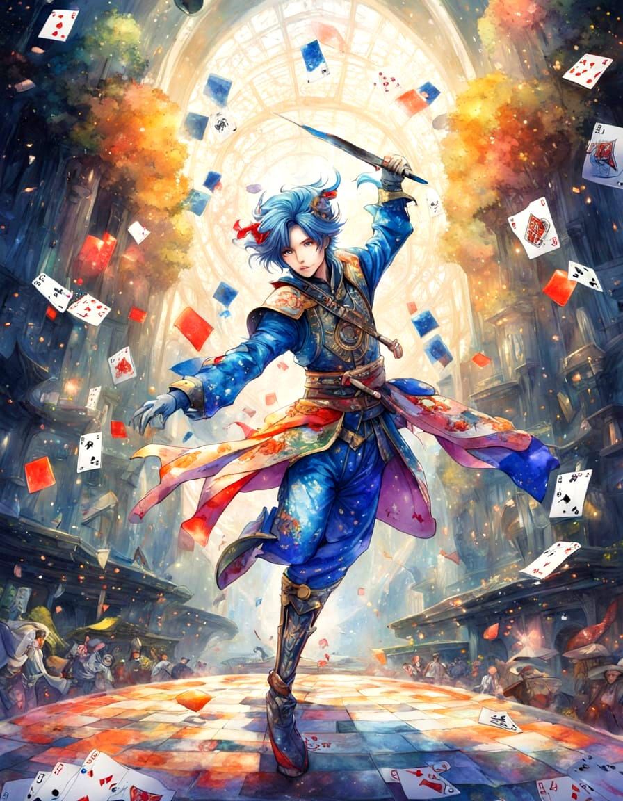 Fantasy Jester Dances on Battlefield: Watercolor Manga Art