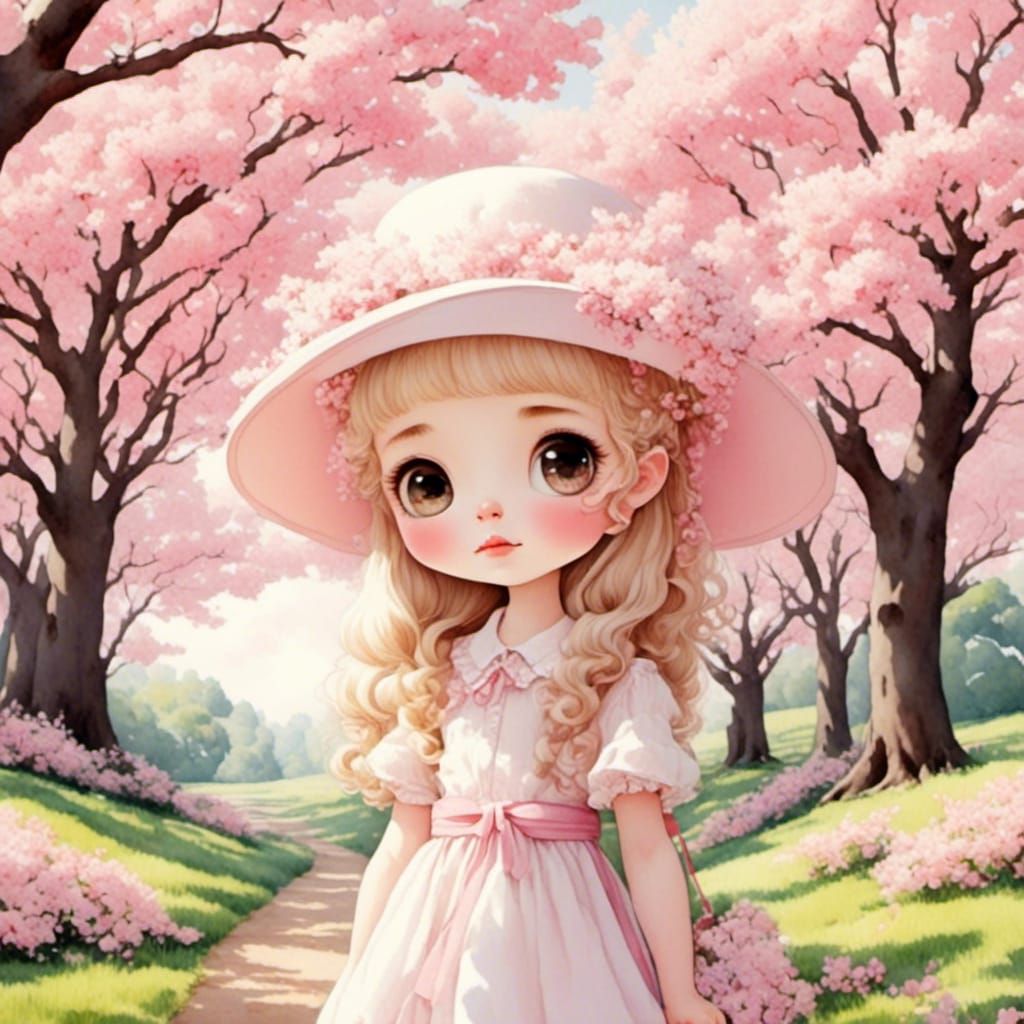 Kawaii Girl in Cherry Blossom Garden as 3D Cartoon