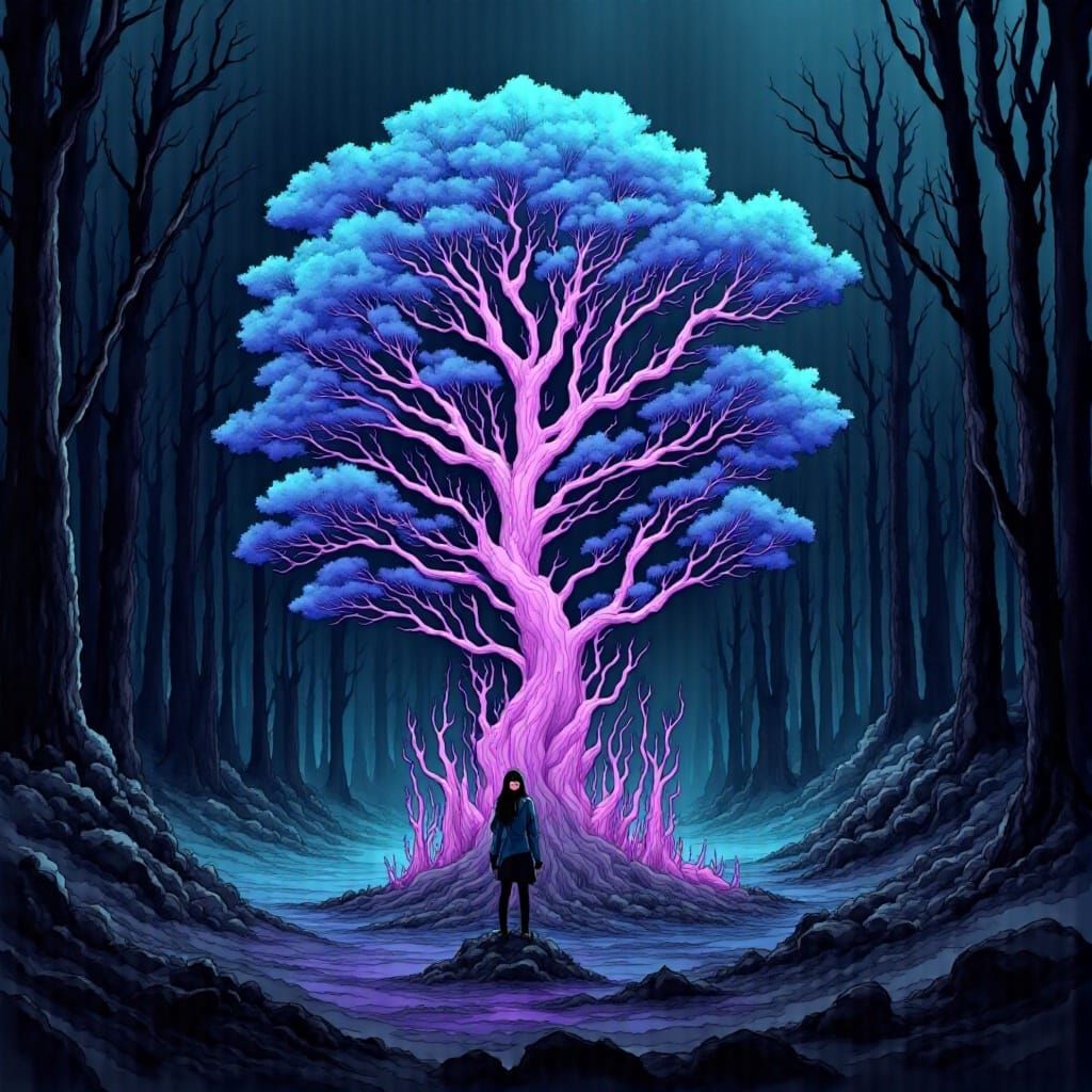 Bioluminescent Cyborg in Ultraviolet Forest