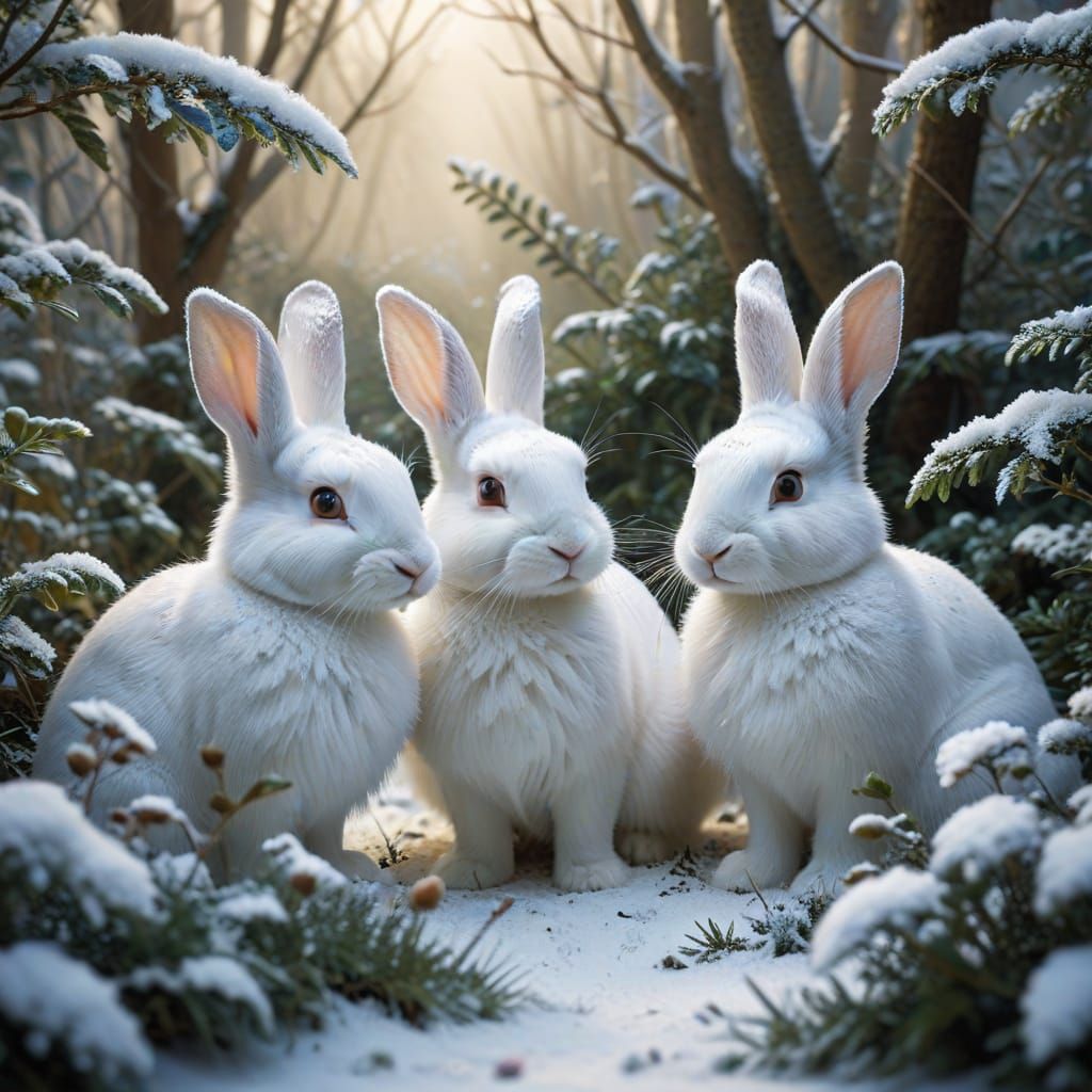 Dreamlike Winter Wonderland With White Rabbits