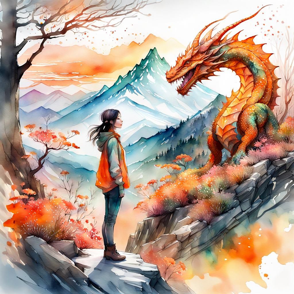 Happy Chibi Girl with Dragon in Watercolor Forest