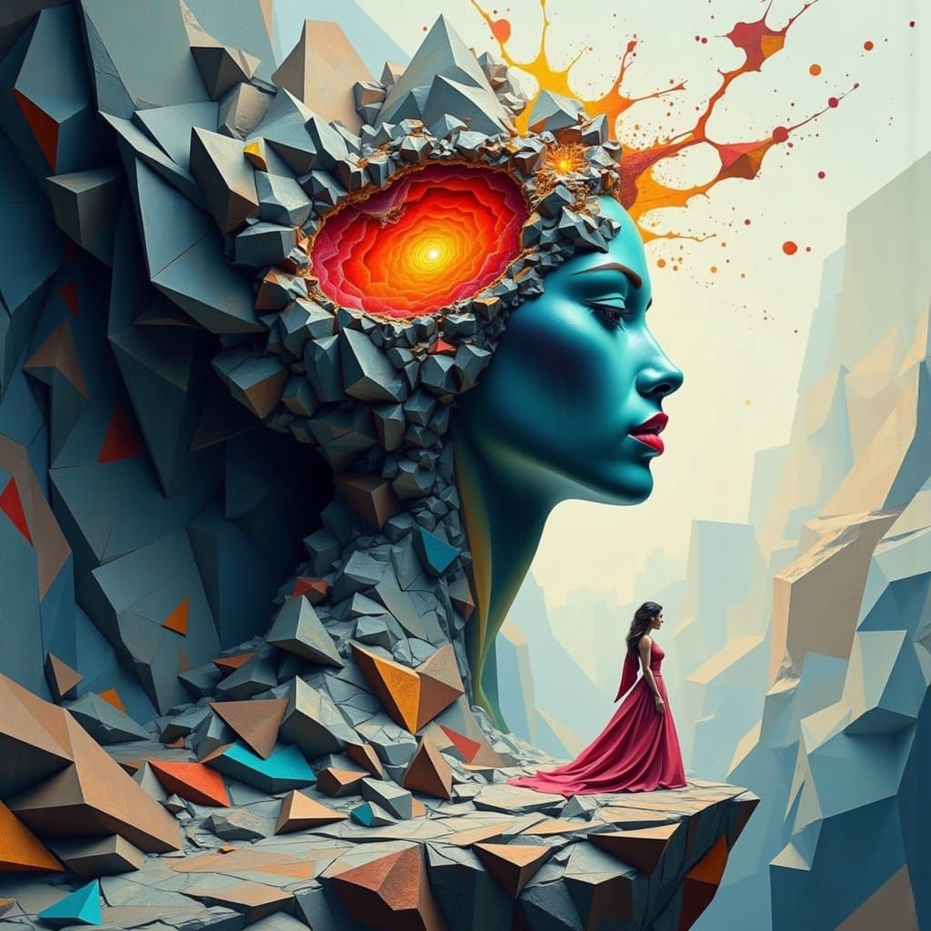 Giant Woman Reveals Kaleidoscopic Geode on Windswept Cliffsi...