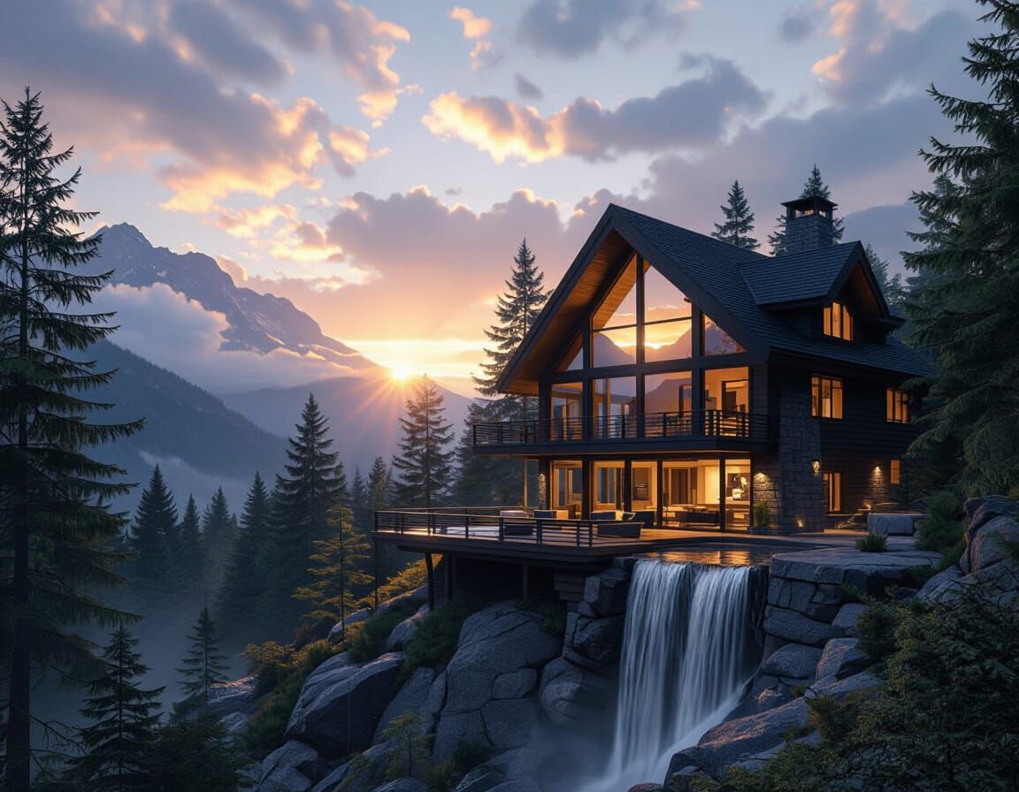 Double sunrise on mountain house in forest