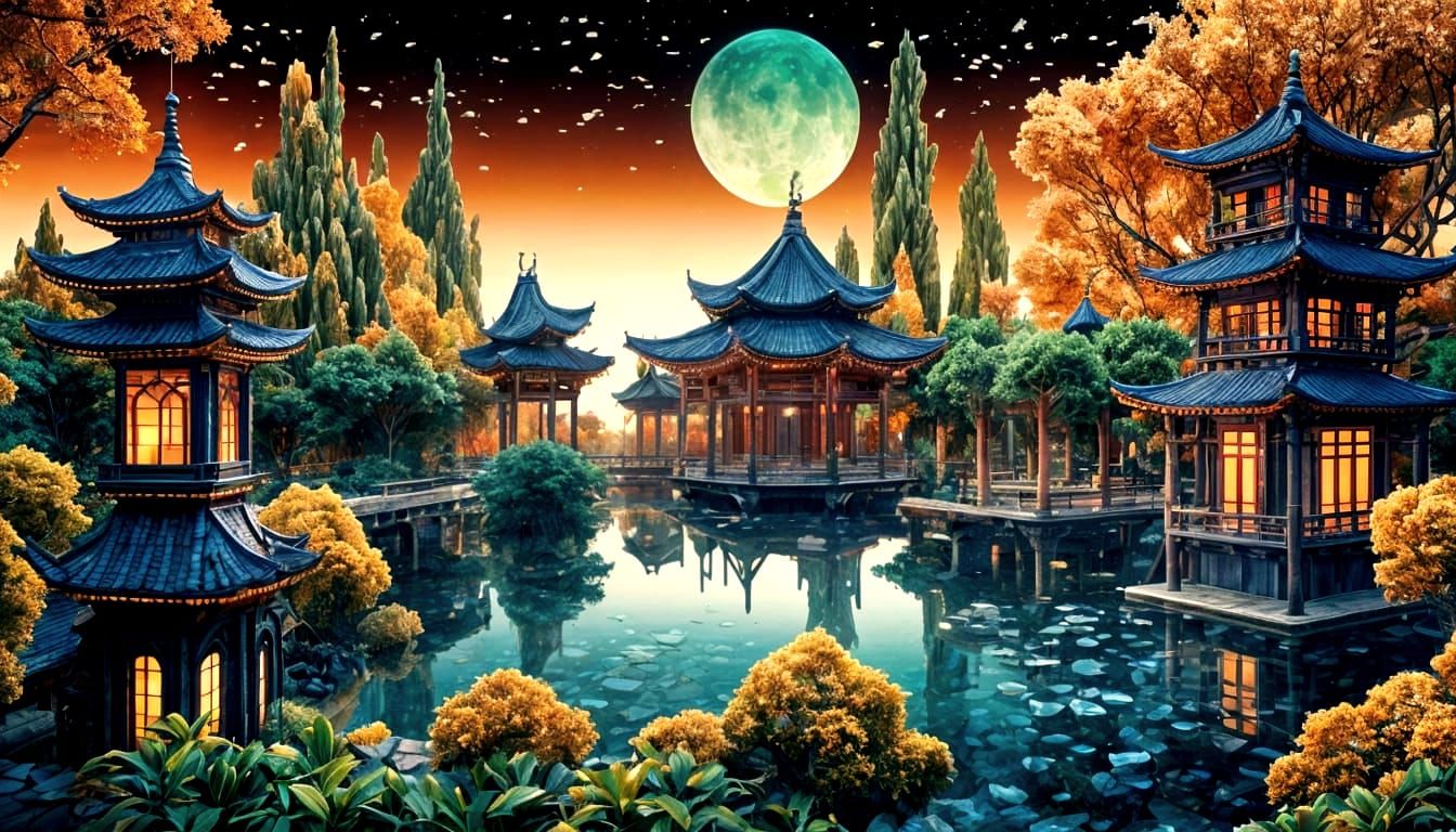Floating Temple at Night with Intricate Sculptures