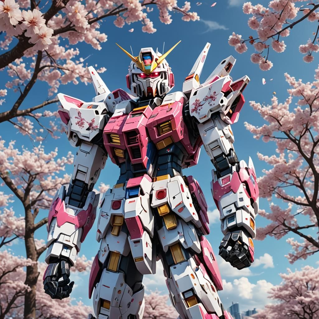 Anime Style Gundam Mobile Wallpaper with Cherry Blossoms