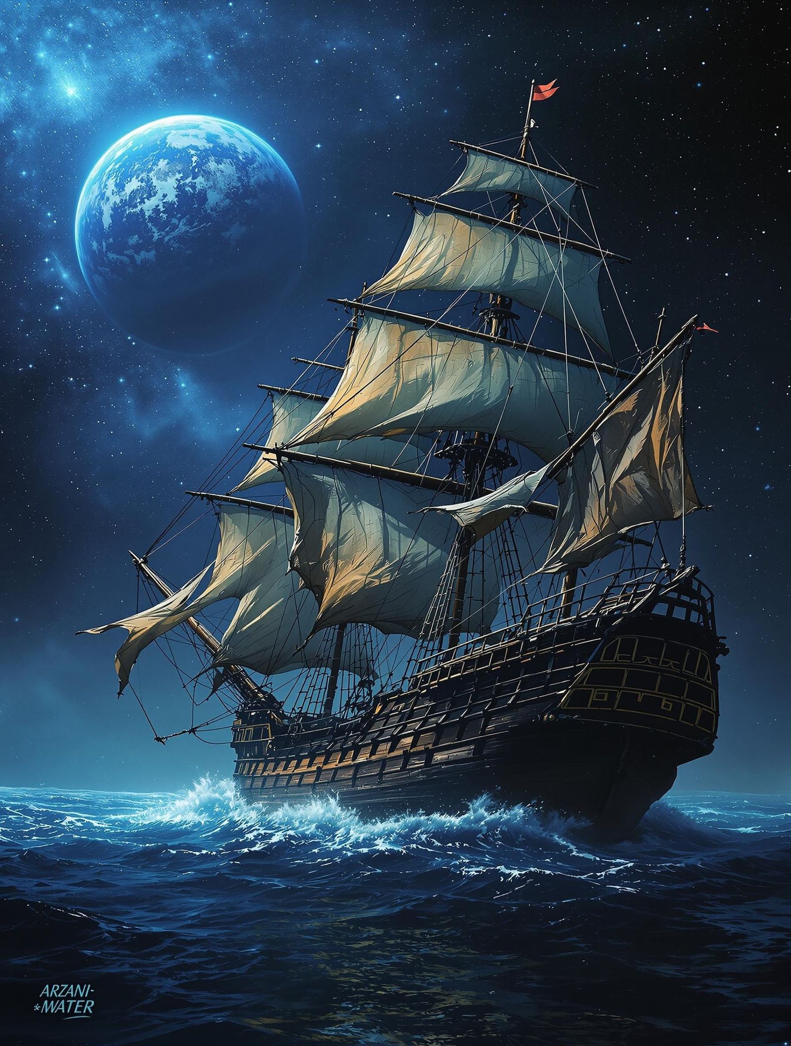 Majestic 1800s Sailing Ship Adrift in Deep Space