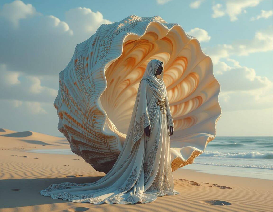 Sand Djinn Melts into Shell on Windy Dunes Shoreline