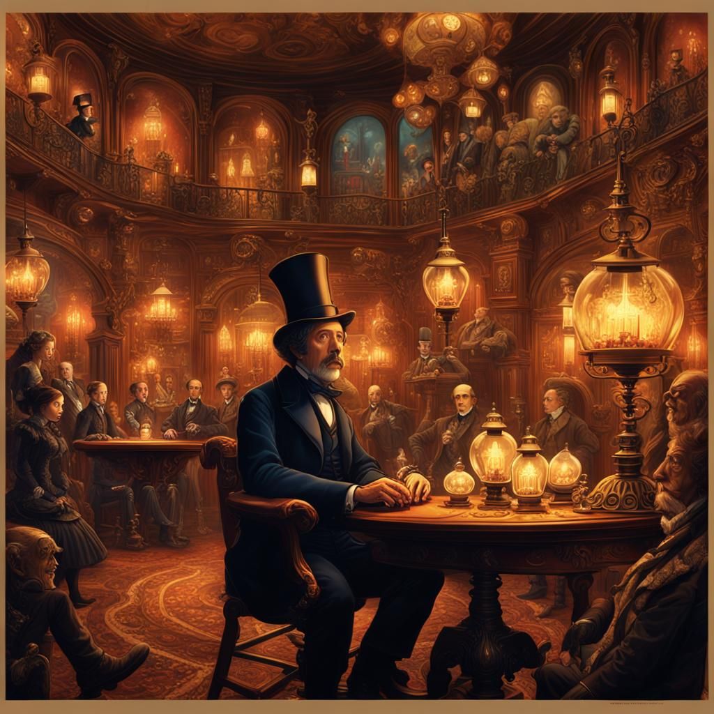 Dickens Surrounded by Characters in Victorian Parlor