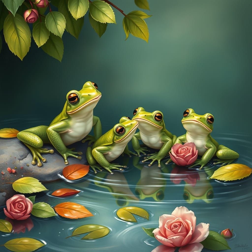 Amidst the Muddy Pond's Edge, Frogs Play and Frolic in a Whi...