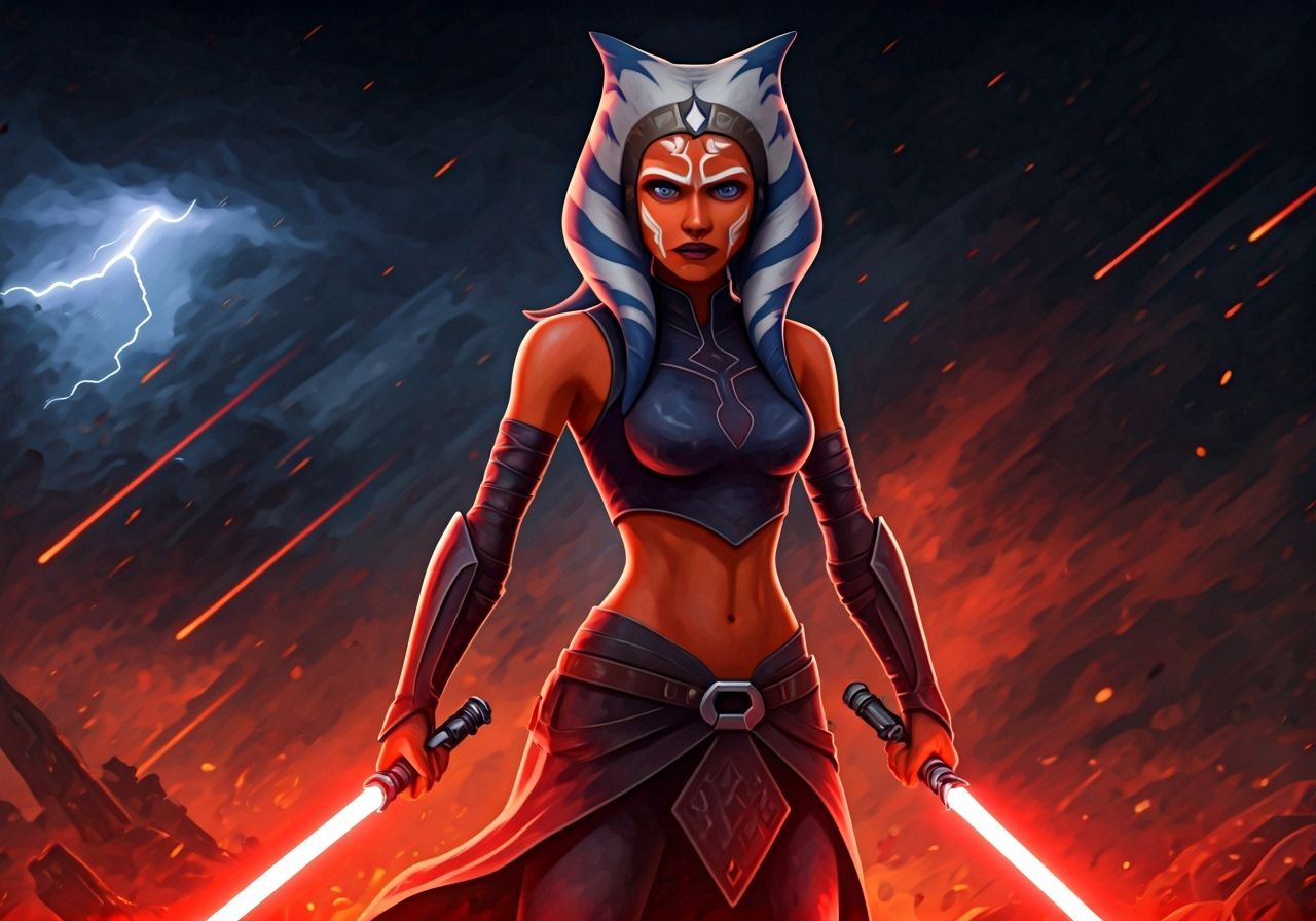 Ahsoka Tano in Action: Fierce Warrior with Dual Lightsabers