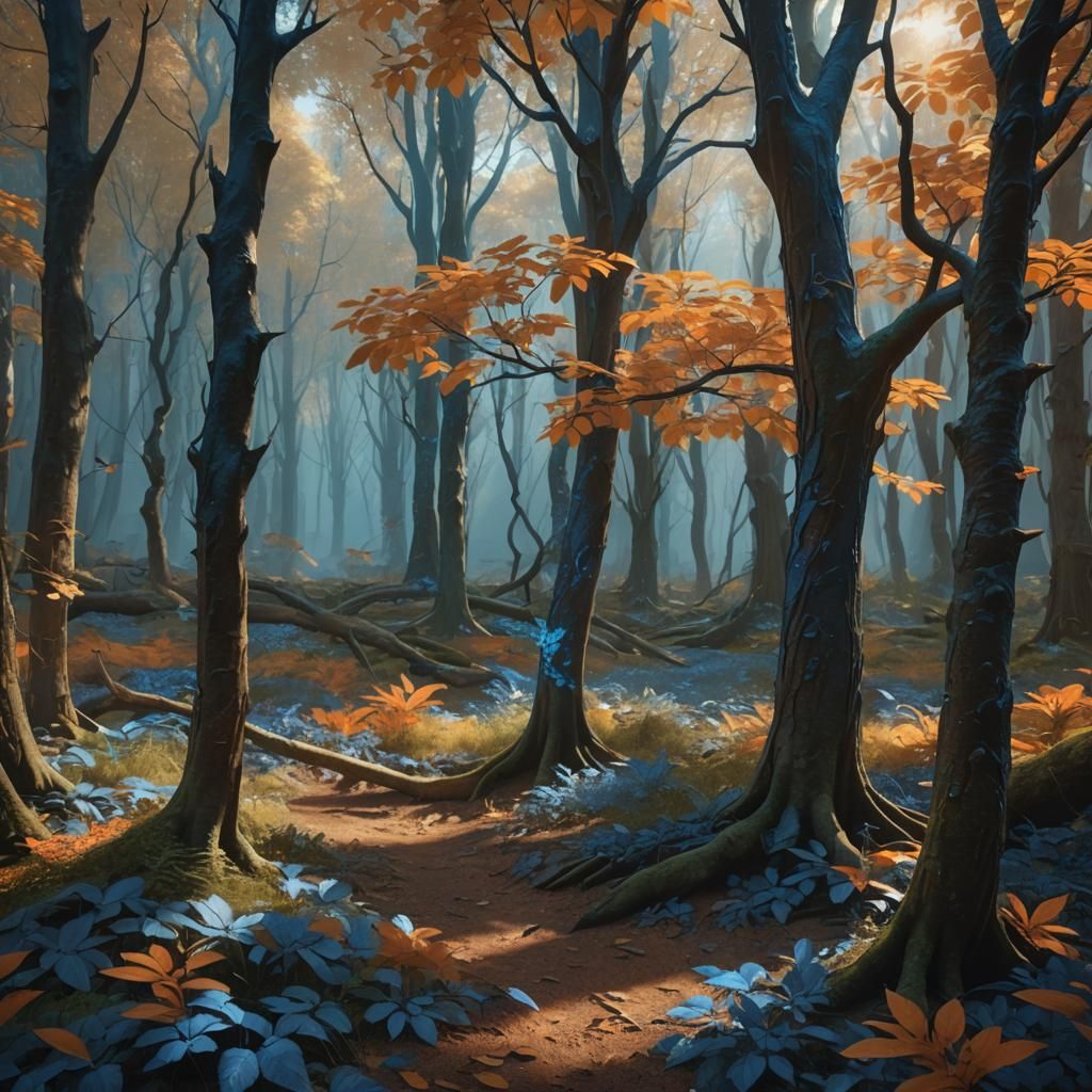 Mystical Forest with Blue Trees: Digital Matte Painting