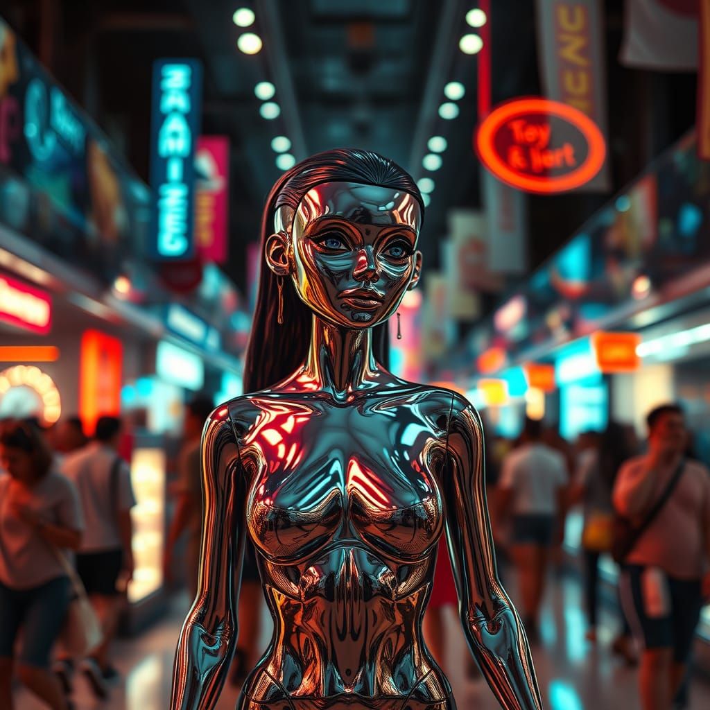 Chrome Doll in Crowded Cyberpunk Shopping Mall