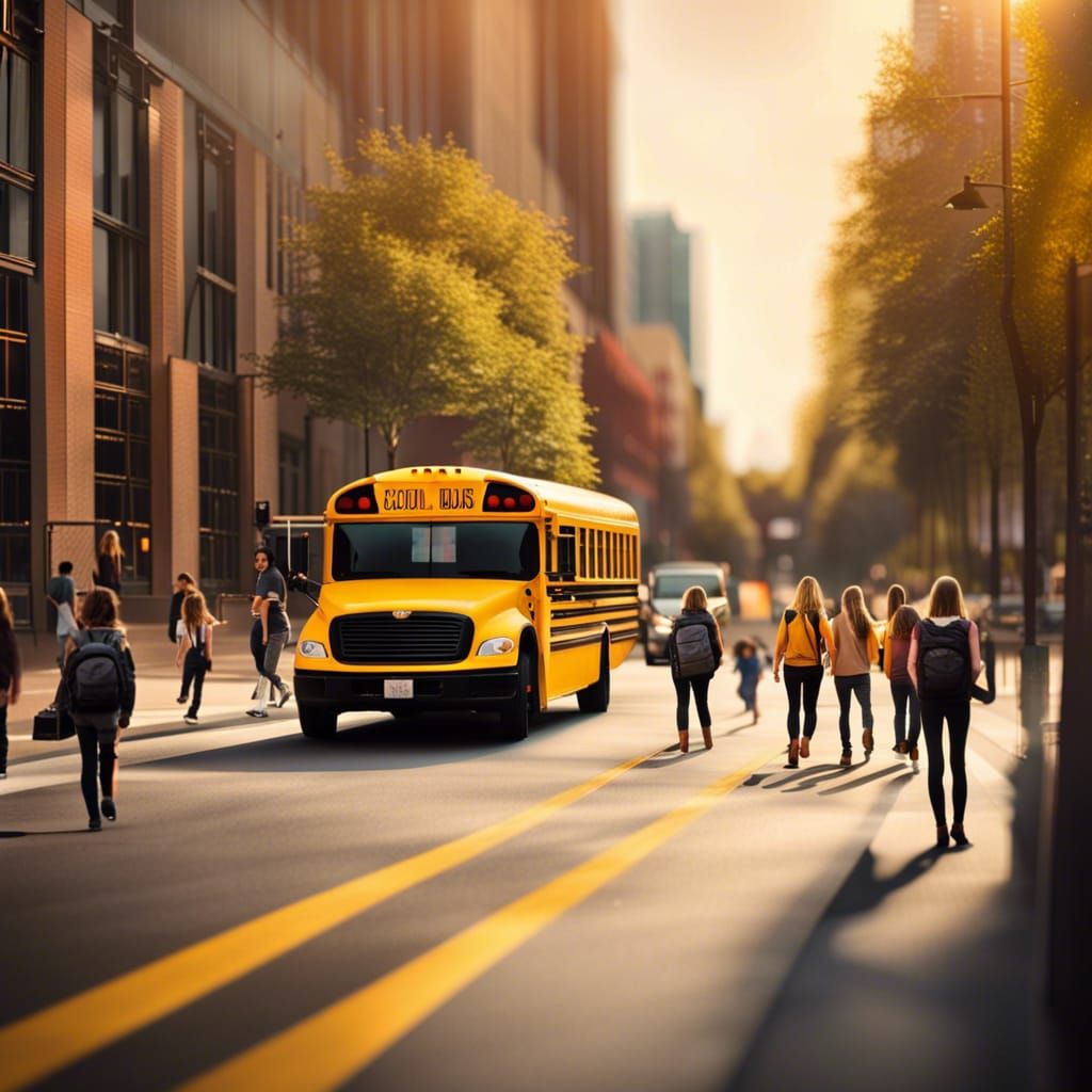 Modern City Street with School Bus, Golden Ratio