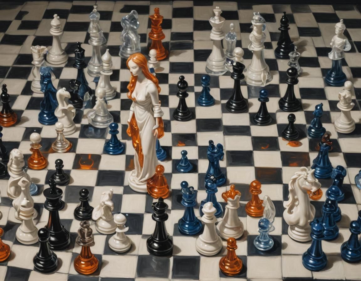 a white venus playing chess, a sparkling dark blue and transparant orange crystal glass chess set