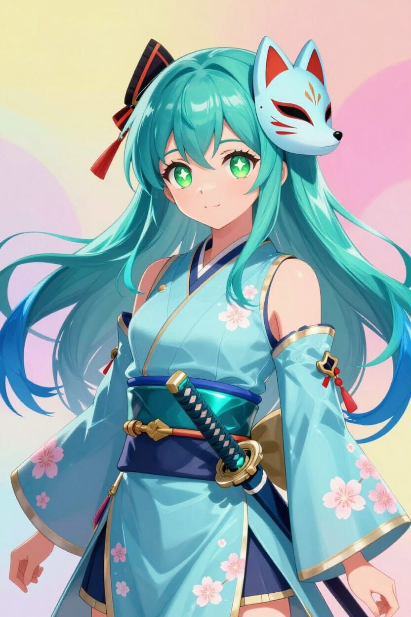 Anime Ninja Girl with Katana and Kitsune Mask