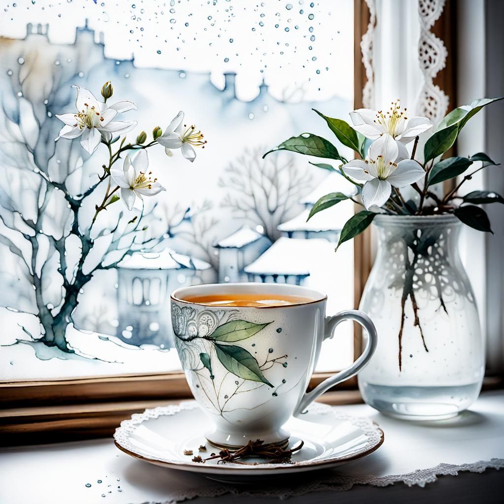 Jasmine Tea Still Life with Snowfall in Art Brut Style