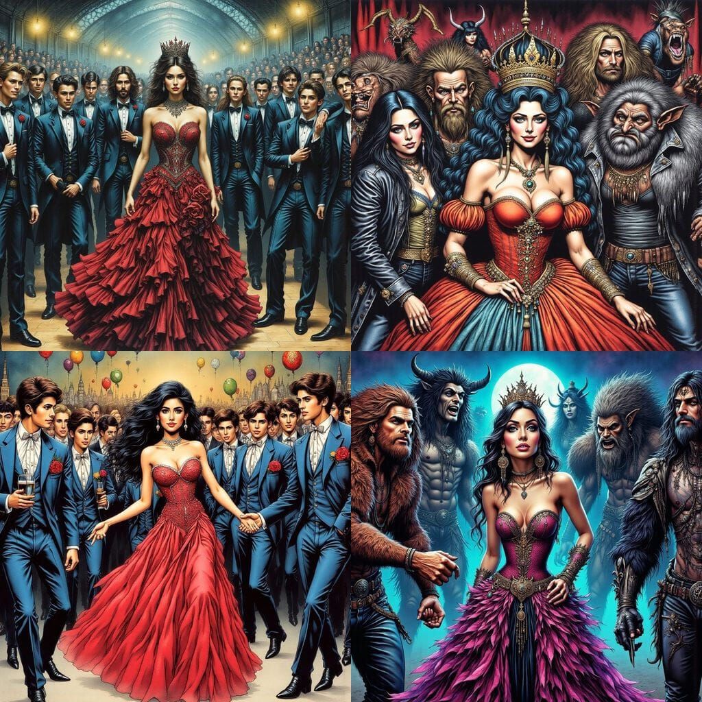 Prom Queen Surrounded by Beastly Males, Comic Art