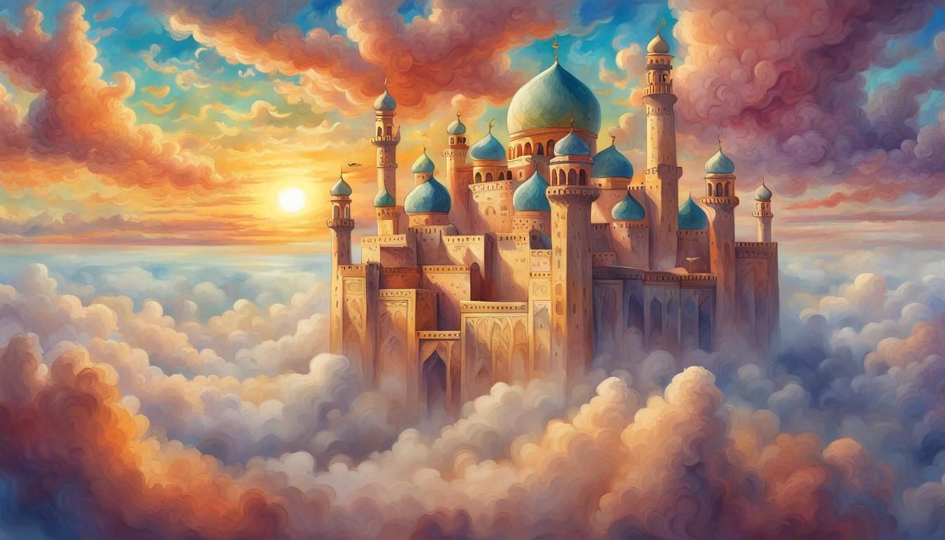 Whimsical Arabic Palace Above Clouds in Gouache Style