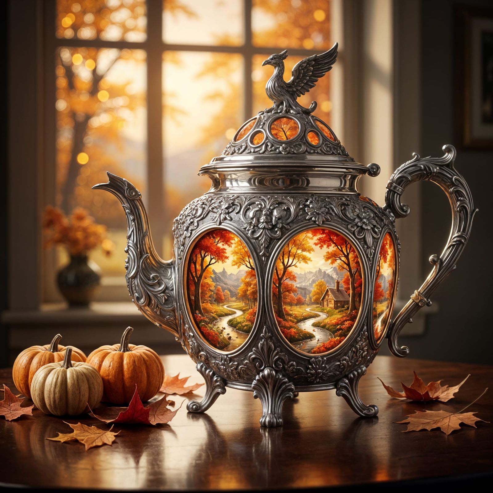 Macro Photo: Ornate Silver Teapot with Autumn Stained Glass