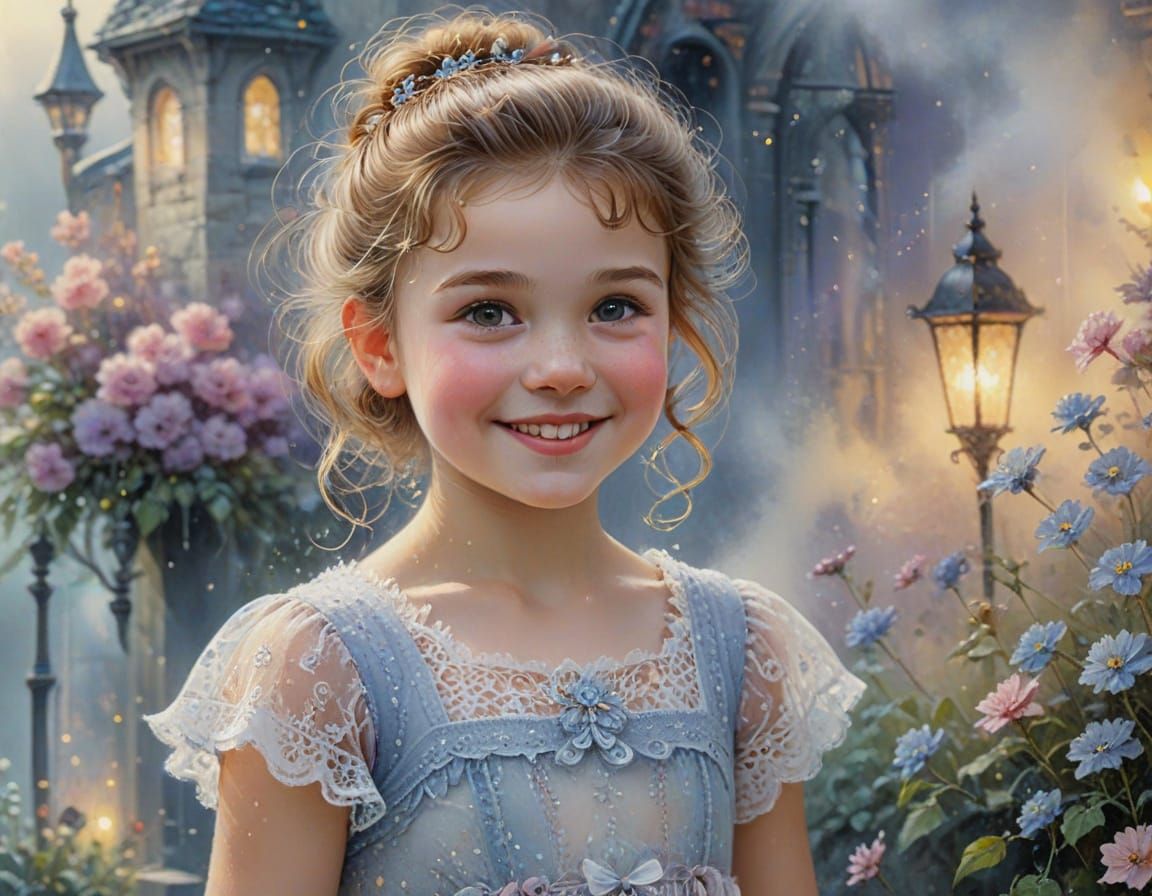 Ethereal Watercolour of a Smiling Child in Lacy Dress