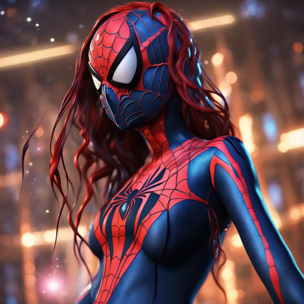 Dynamic Spider-Girl Web-Slinging, Detailed Matte Painting