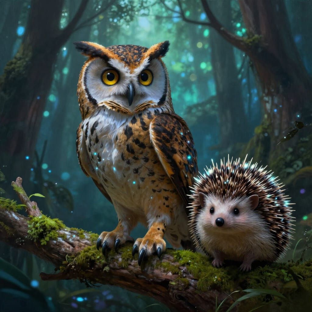 Whimsical Owl Panther Hedgehog Hybrid Creature