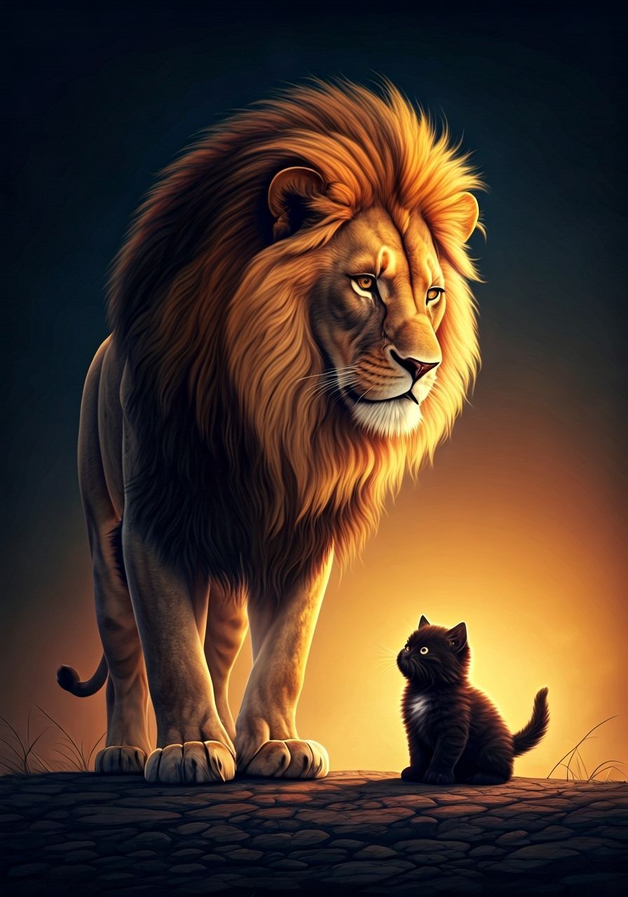 Lion and Kitten in Dramatic Digital Painting Style