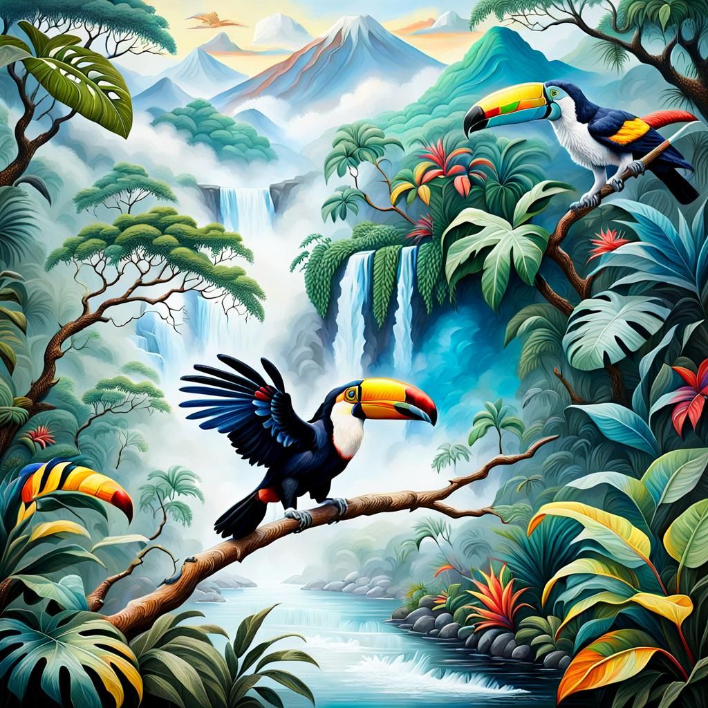 Vibrant Relief Painting of Toucan and White Panther
