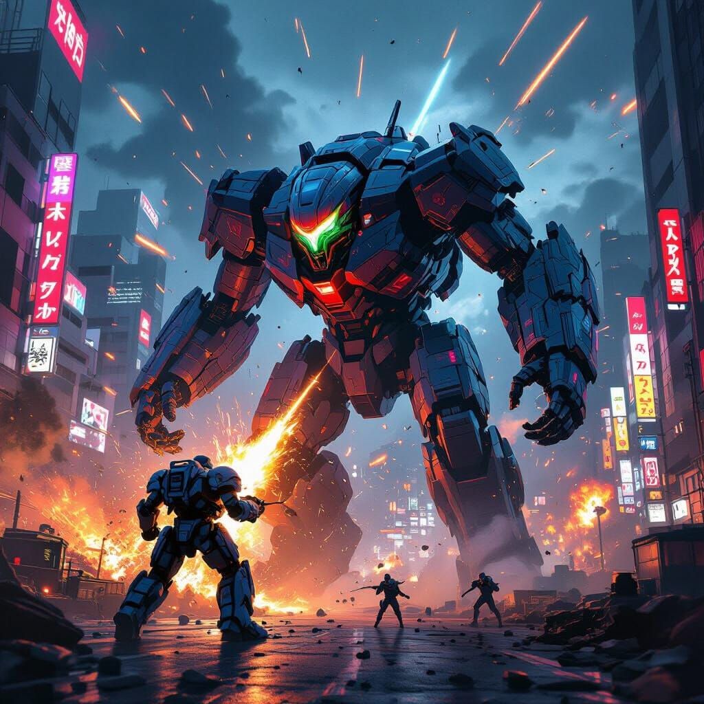 Giant Robot Battles Kaiju in Neon Tokyo Cityscape