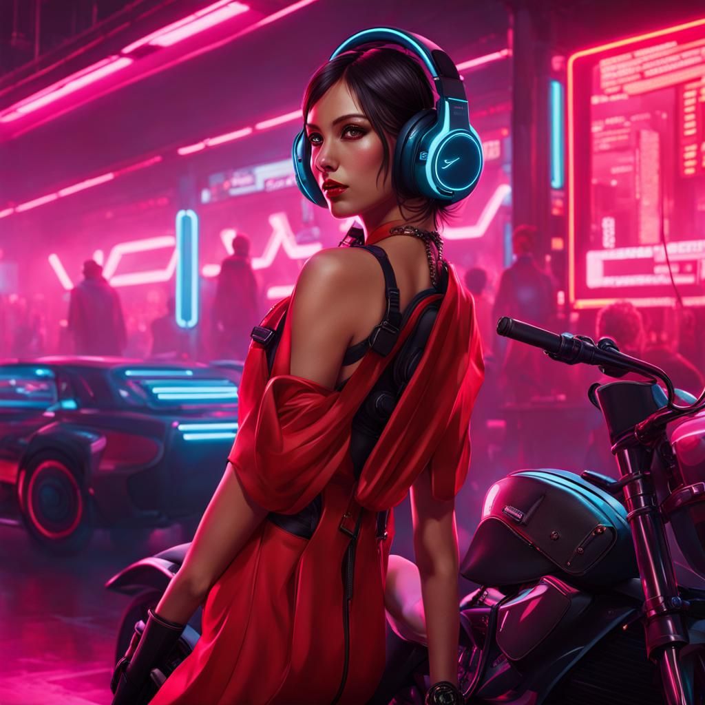 Girl with Headphones and Red Bike in Cyberpunk Style