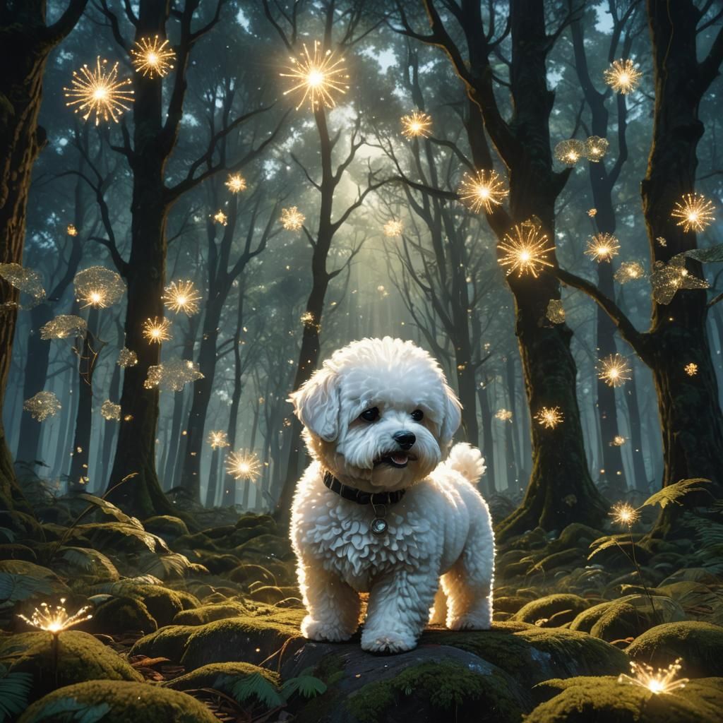 Bichon Frise in Sparkling Forest, Digital Illustration