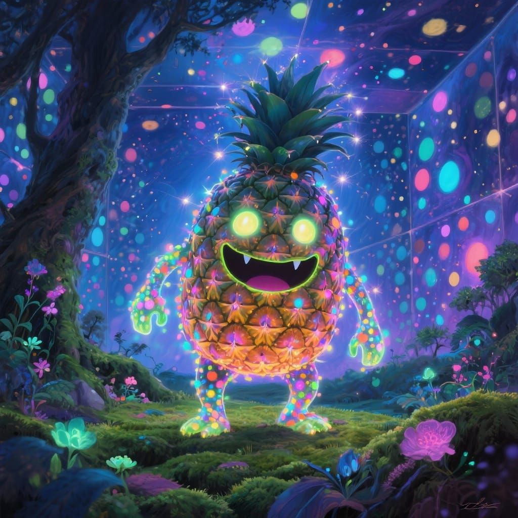 Whimsical Bioluminescent Pineapple Creature in Enchanted For...