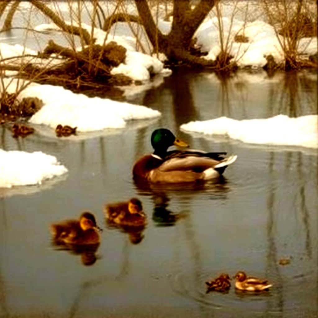 Duck and Ducklings in Pond, Oudry Style