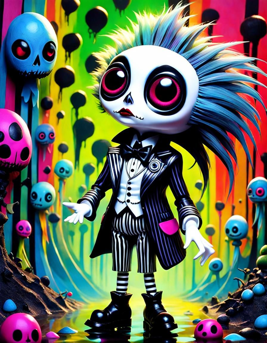 Chibi Beetlejuice in Surreal Tim Burton World