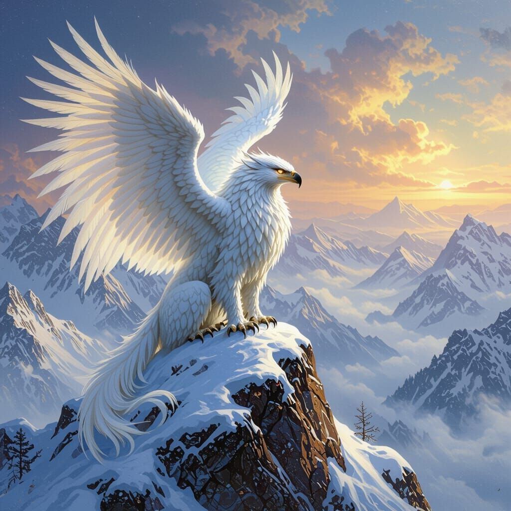 Griffin Perched Atop Snowy Peak in High-Fantasy Style