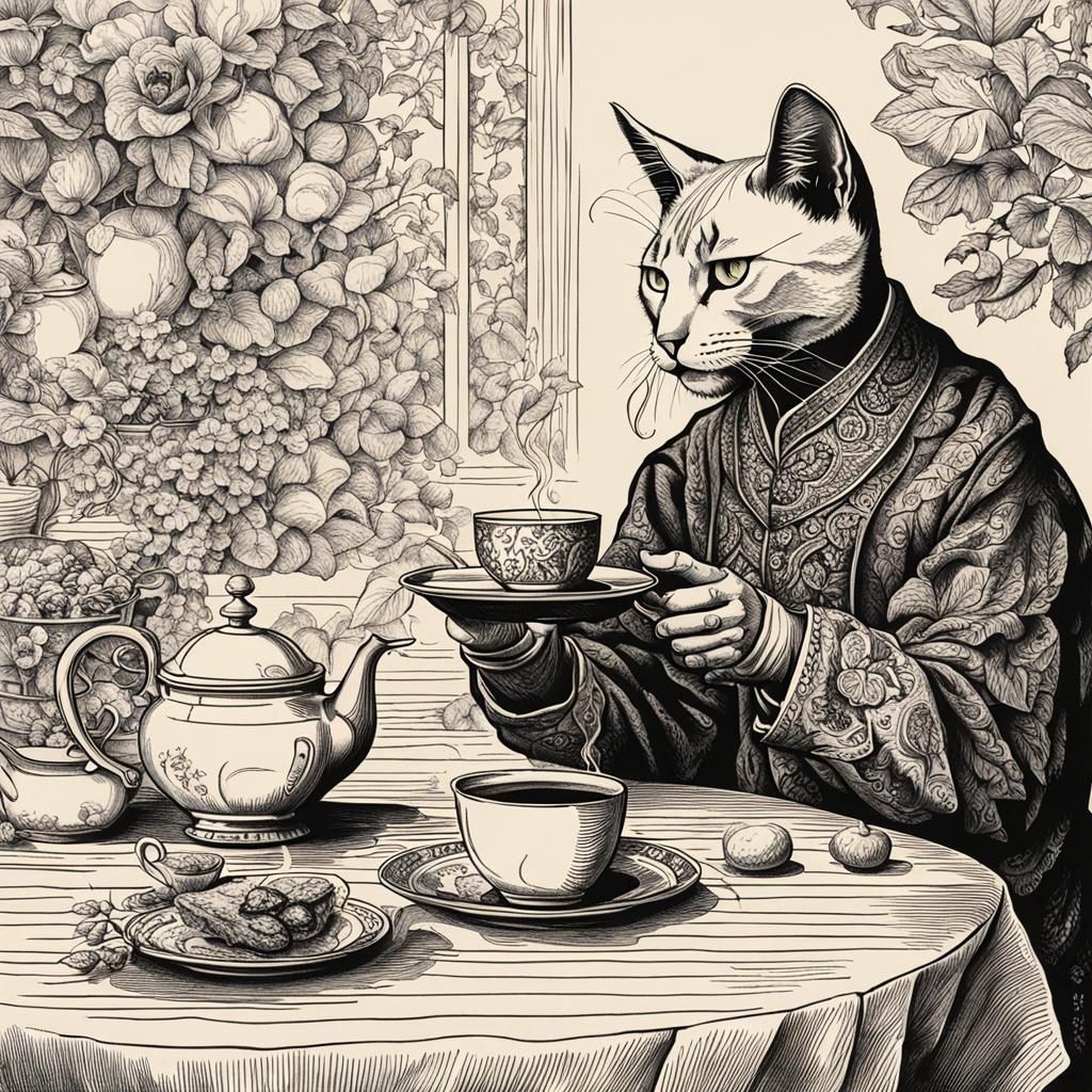 Inked Cat Humanoid Enjoying Tea Service