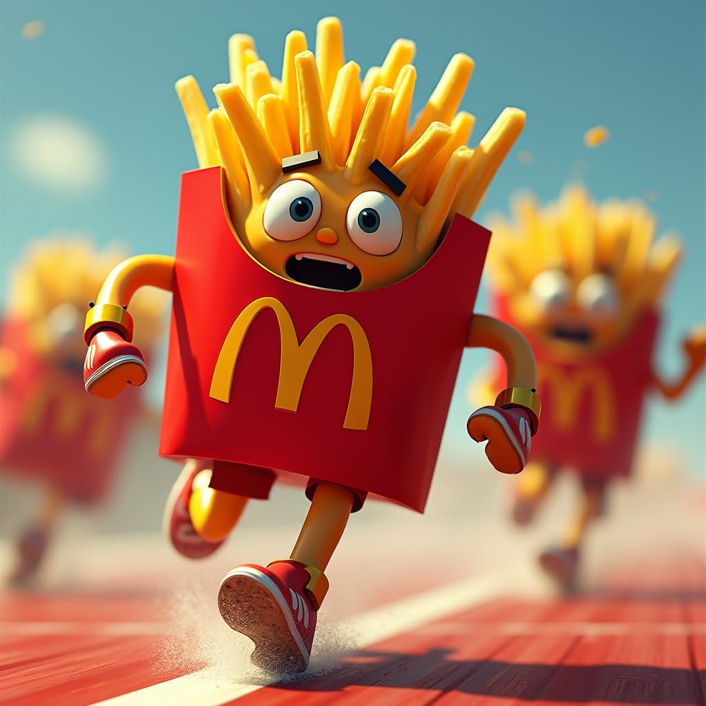 Hyper-Realistic Fast Food Mascots Racing in a Vibrant Scene