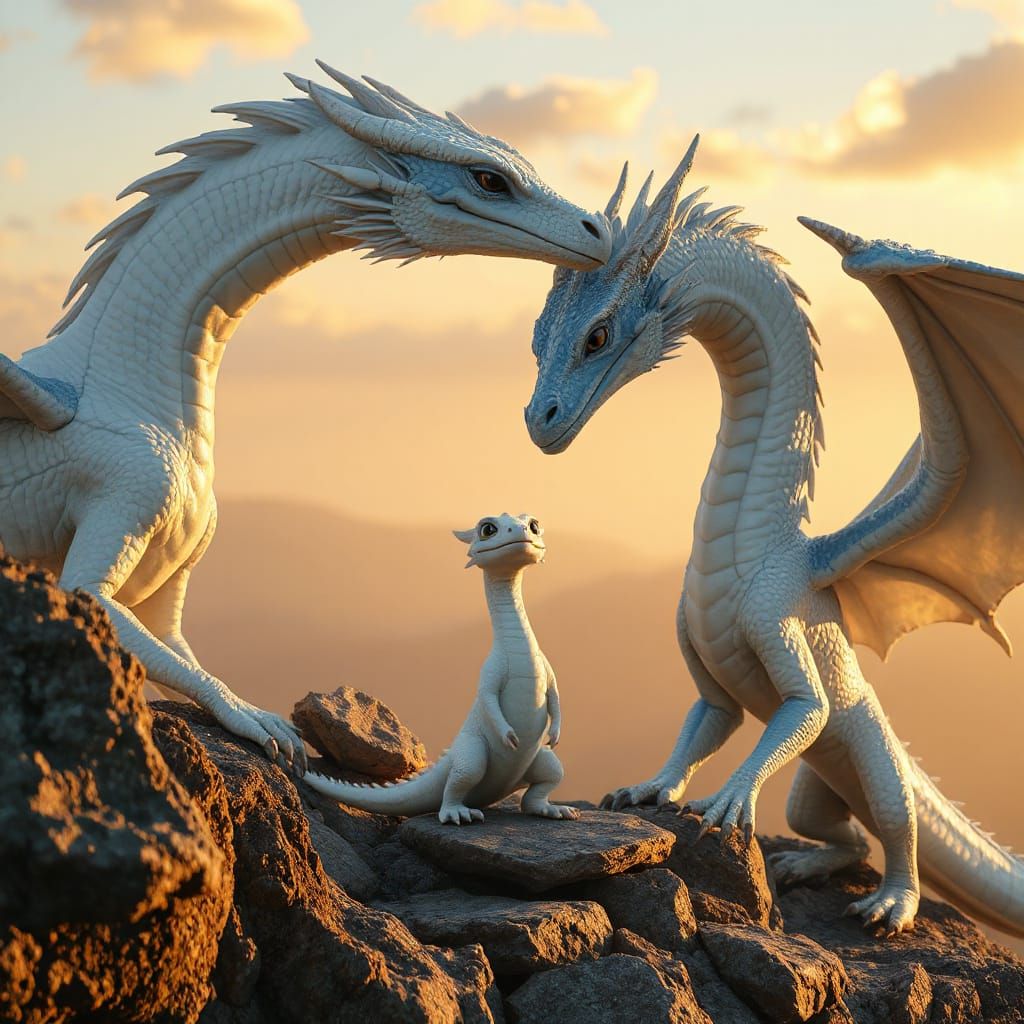 Dragons' Tender Moment in Golden Sunset Glow
