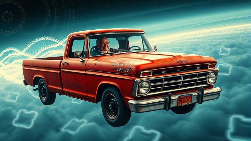 Flying Ford Truck with Alien Engine, 3D Render