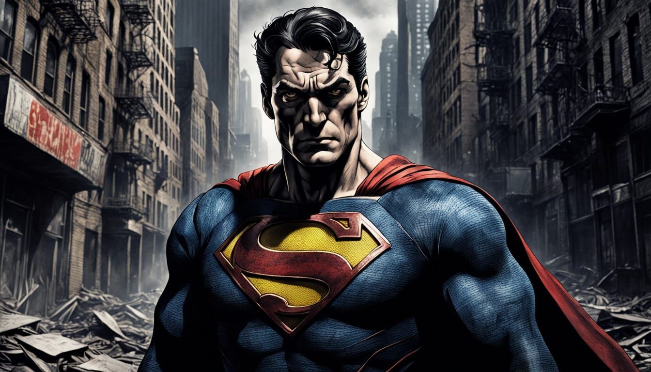 Brooding Superman in a Gritty Cityscape