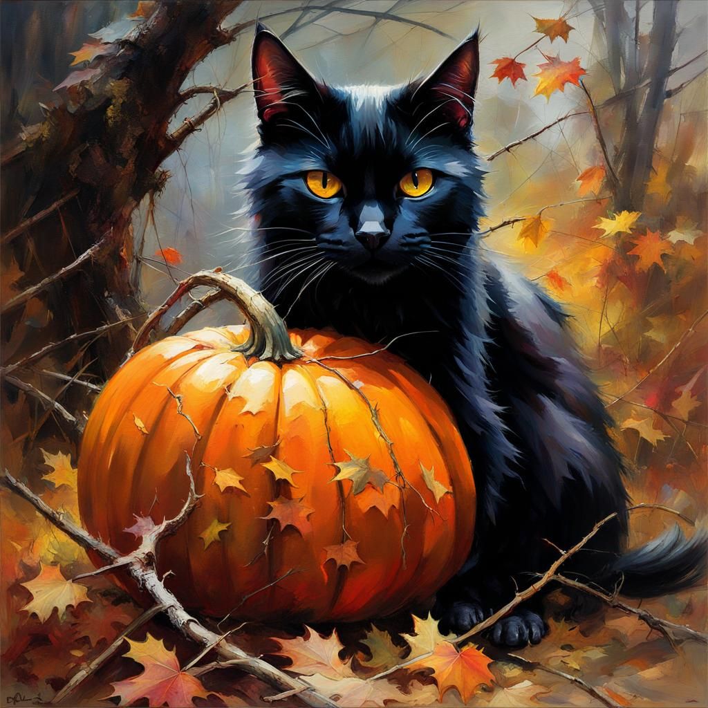 Autumnal Cat and Pumpkin in Detailed Matte Painting