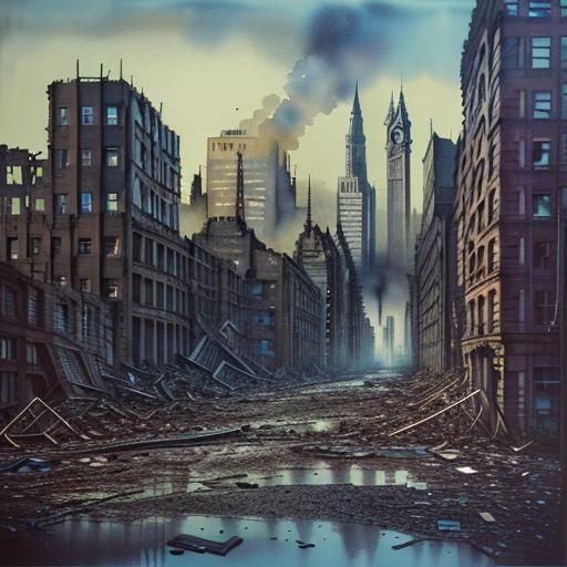 Apocalyptic Glasgow City Center in Watercolour Style