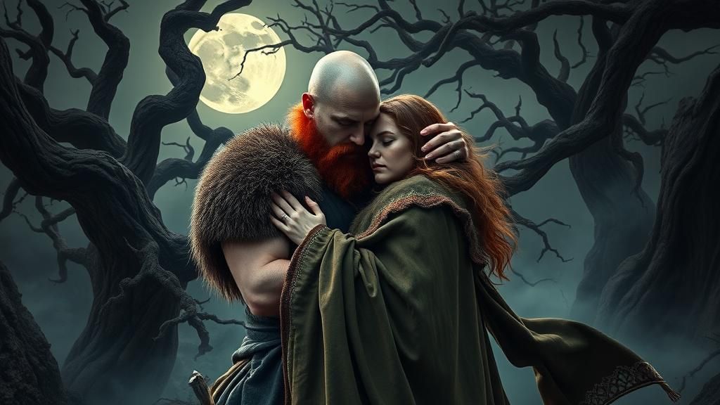 Bald nordic warrrior red beard kissing Female druid