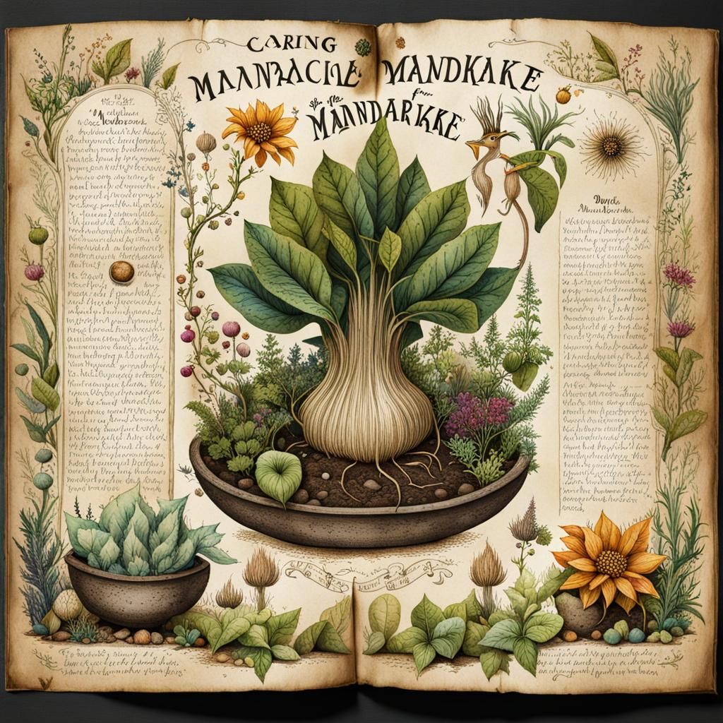 Caring for a Magical Mandrake: Detailed Ink Illustration