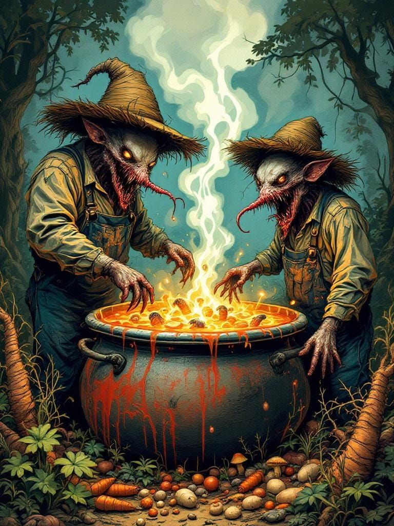 Macabre Mutant Hillbillies Stewing Rats in Cauldron