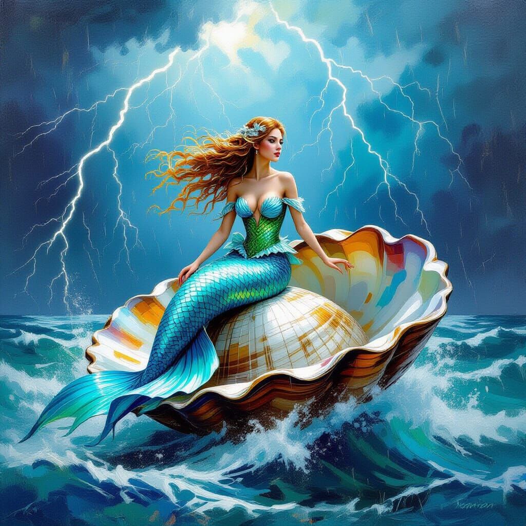 Mermaid Rides Clam Shell in Storm, Neo-Impressionism