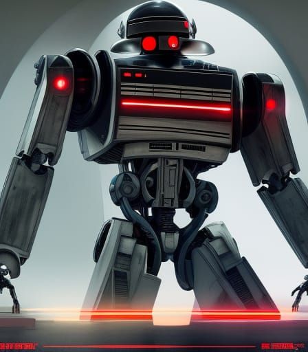 ED-209 Droid in Boardroom: Hyperdetailed Digital Art